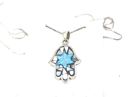 Art Judaica Silver & Opal Pendant Necklace Star of David in Hamsa - Picture 4 of 4