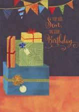 Designer Greetings Stack of Gifts and Hanging Party Flags Birthday Card for Son