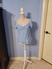 Set The Stage Medium Blouse Womens Blue Short Sleeve Ribbed