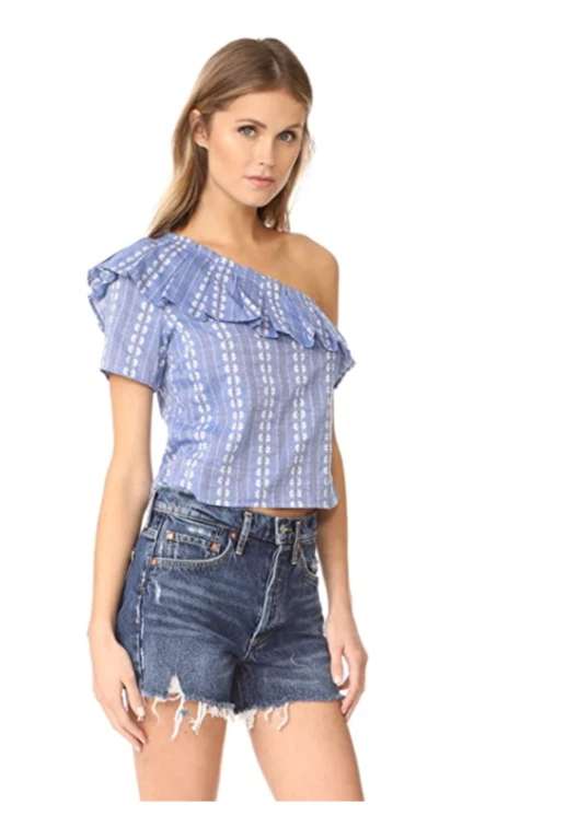 Nuevo con etiquetas Espléndido Top Para Mujer Un Hombro Cambray Talla Pequeña Azul Floral $140 K140 Foto 2 de 4