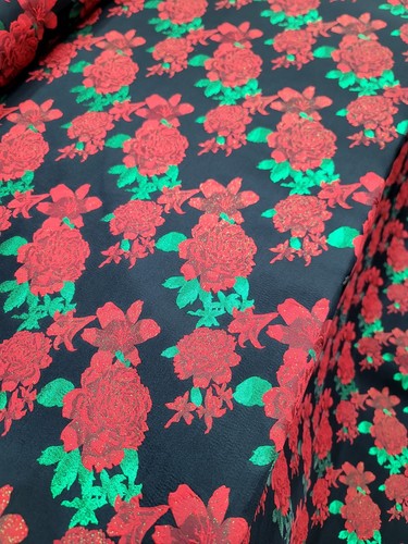 FABRIC SOLD BY THE YARD BROCADE RED FLORAL BLACK TEXTURED JACQUARD FOR DRESS - Picture 10 of 12