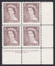 QUEEN ELIZABETH II, KARSH PORTRAIT = Canada 1953 #325 MNH LR Block of 4 Plate #3