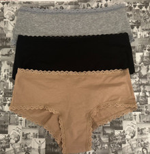 Lot of 3 Victoria's Secret COTTON LACE WAIST CHEEKY Panty Black Grey Praline L