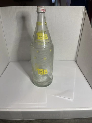 Vintage TAB 32 oz Glass Soda Bottle Yellow Print Coca-Cola Co. w/ Cap 1970s