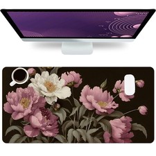 Black Floral Large Mouse Pad Desk Mat Flowers PU Leather 23.6 x 11.8 Inch