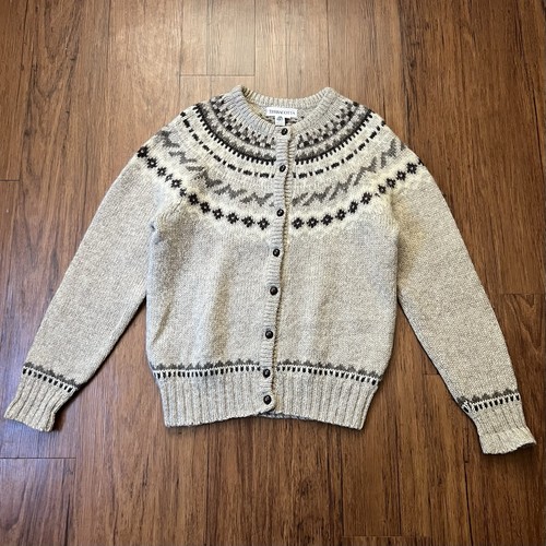Vintage Terracotta Wool Cardigan Large Womens Fair Isle Tan Cream Button Sweater, Size L, $45