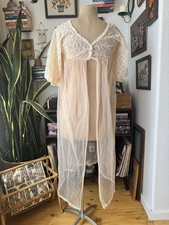 VTG 50  s Sheer Nylon Peignoir Robe Floral Lace Bodice Babydoll Boudoir Peach Xsm