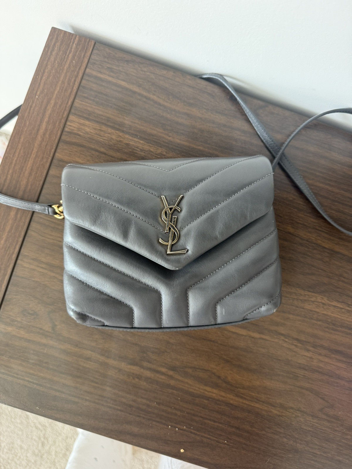 Saint Laurent YSL LouLou Toy Bag Grey Matelasse Leather Crossbody Gold HW