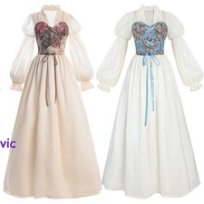 Women Renaissance Medieval Court Maxi Dress Victorian Cosplay Puff Sleeve Gown