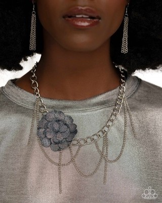 NWT SHORT SILVER Paparazzi Deconstructed Denim Blue JEAN Necklace Earring Set