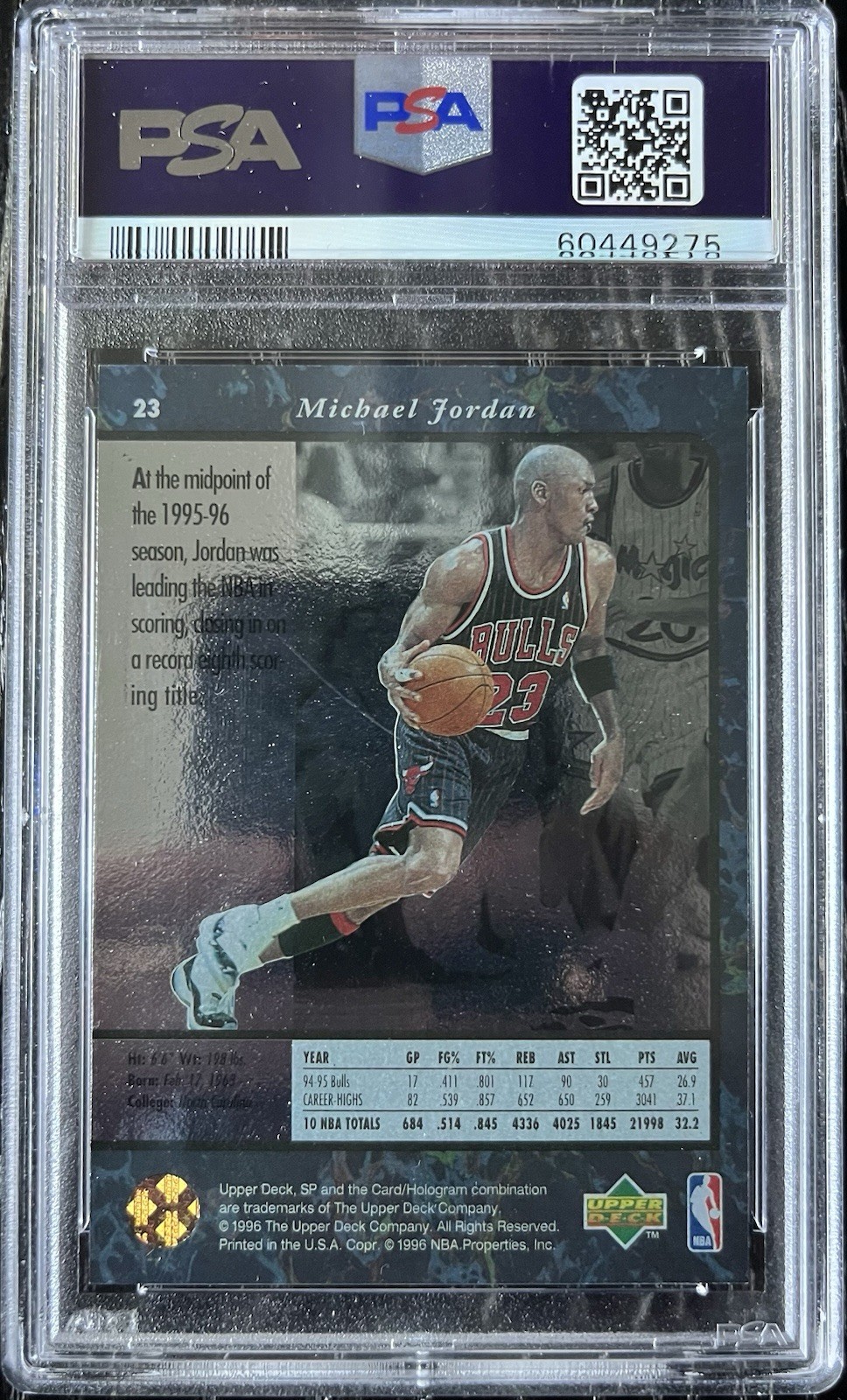 1995-96 SP Basketball #23 Michael Jordan HOF W Bulls PSA 10 GEM MINT view 2
