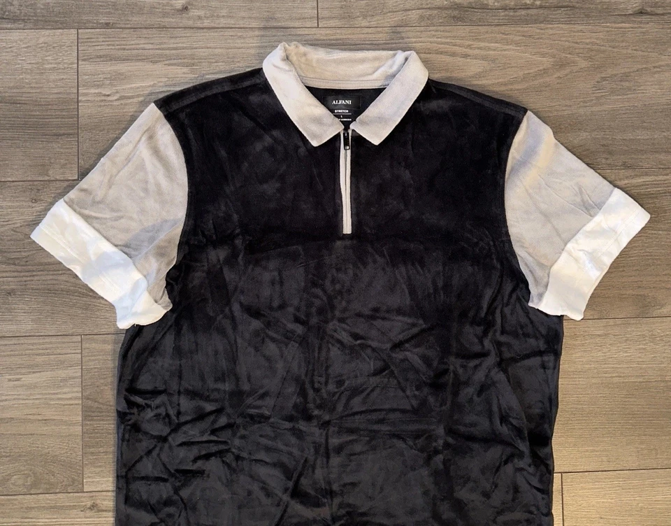 Alfani 1/4 Zip Short Sleeve Suede Polo Shirt Mens L Large Black Gray Stretch Fit - Image 3 of 4