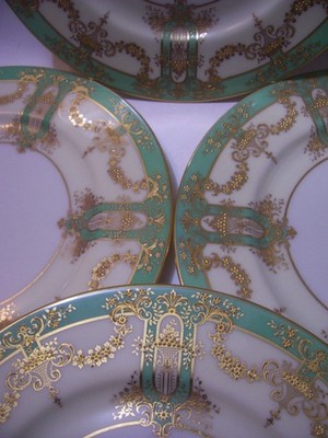 4 LENOX ENCRUSTED RAISED GOLD BEADED DECO GREEN DINNER PLATES 1830 10 1/2''