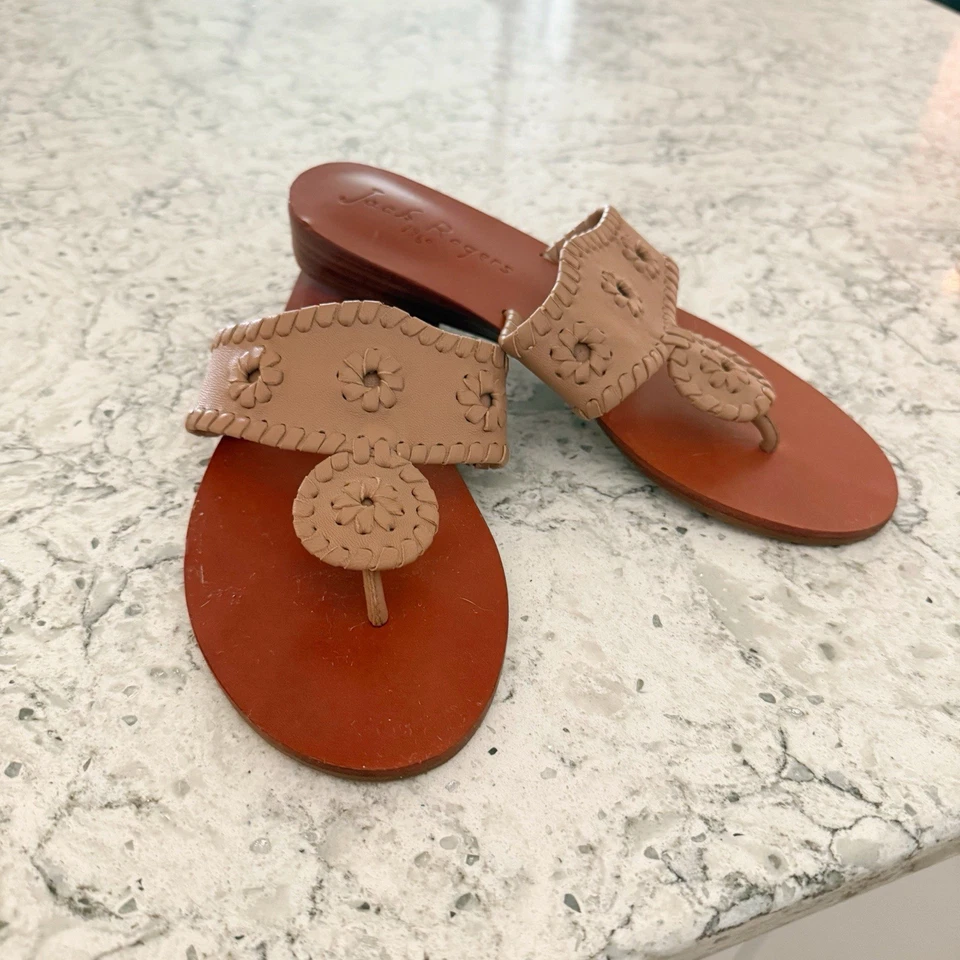 Jack Rogers Sandals Women’s Size 6 Leather Tan Camel Wedge Flip Flop EUC - Image 2 of 4