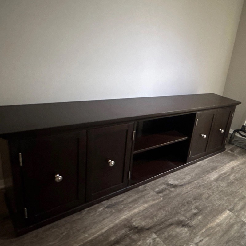 Dark Brown Wood TV Stand, 4 Doors, Open Shelves, Cable Management, Modern Gloss