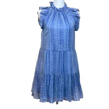 Saylor blue stripe tiered mini dress, small, sparkly, flowy, ruffle, coquette