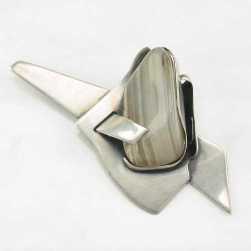 Mid-Century Modern Agate Abstract Design Sterling Silver Brooch Signed RWW