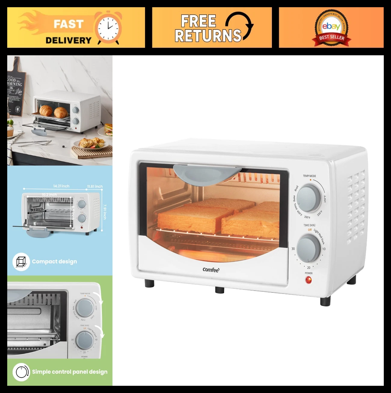 Compact Toaster Oven Combo, 4-Slice Mini Oven for 9" Pizza, Bake & Broil, 950W