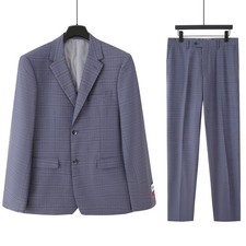 Men's Gray-Blue Glen Check Polyester Classic Slim-Fit 2-Piece Suit Dinner Outfit