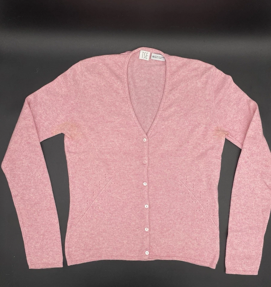 TSE 粉色羊绒丝绸混纺 V 领纽扣开衫女式中号精细规格 — 第 2/4 张图片