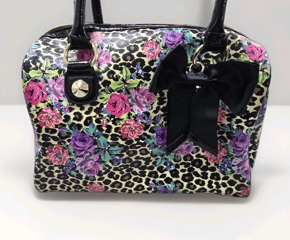 Betsey Johnson Floral Leopard Print Satchel Purse Bow Detail Patent Trim - Image 3 of 4