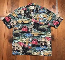 Vtg Paradise Found Hawaiian Shirt Mens Medium Route 66 Cars Camp Resort Beach