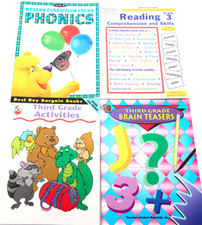 NEW Lot of 4 Homeschool Books 3RD GRADE Reading, Phonics, Language, Brain Teaser