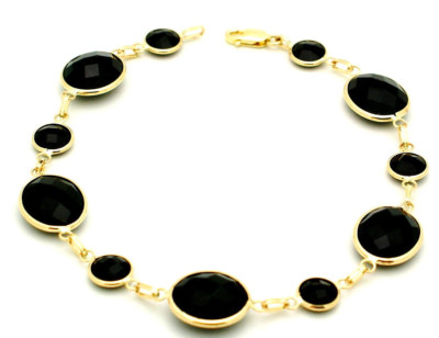 14K Gelbgold Armband mit ausgefallenem Schliff rundem und ovalem schwarzem Onyx 7,5 Zoll