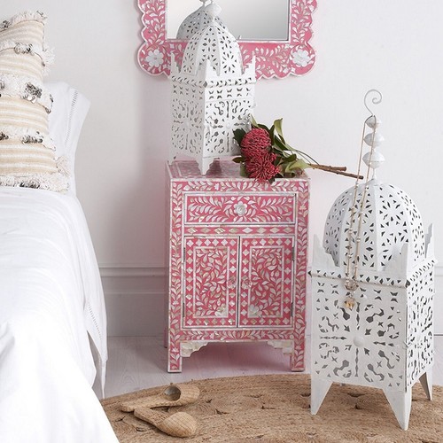 Bone Inlay Nightstand Table, Bedside Table Cabinet Strawberry Furniture - Picture 7 of 15