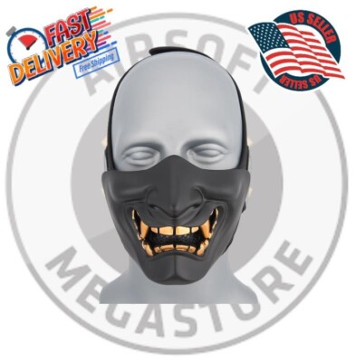 Hannya Yokai Ogre Airsoft Half Face Mask W/ Soft Padding Black/Gold Cover Fast