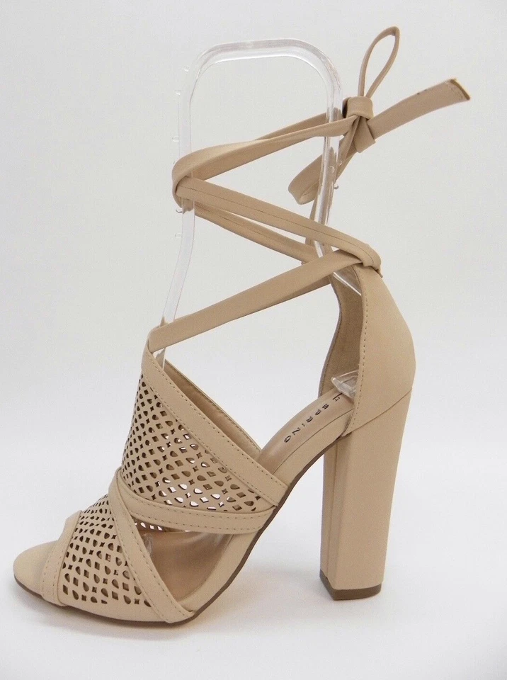 Call It Spring Womens Shoe Rounkles Peep Toe Tie Up Block Heel Sandals Beige - Image 3 of 4