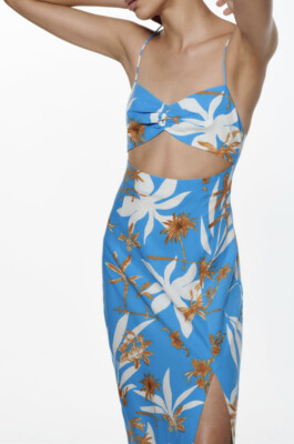 New Zara CUT OUT PRINTED DRESS,Size L,Color Blue/White | eBay