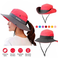 Womens UV Protection Sun Hats Wide Brim Ponytail Hole Cooling Mesh Cap Foldable