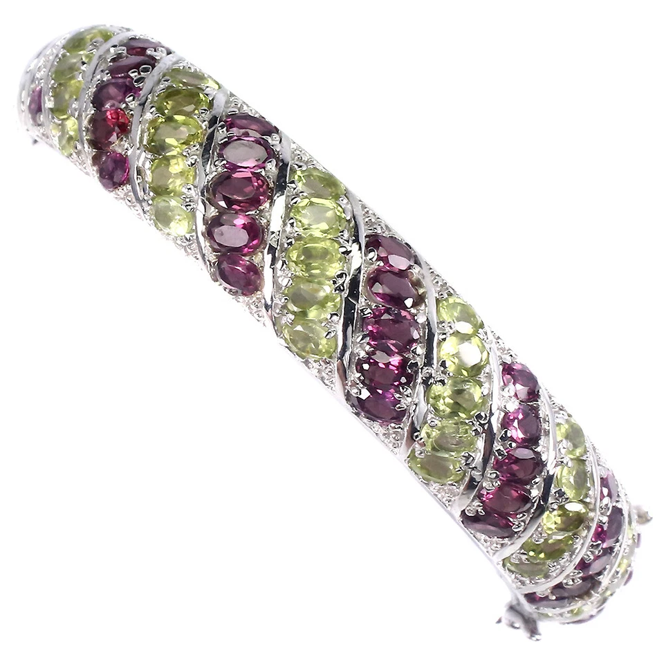 925 Sterling Silver Bangle Oval Rhodolite Peridot Natural Gemstone Jewelry Gift - Image 2 of 4