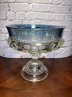 VINTAGE Depression Glass Kings Crown Compote Blue Rim Thumbprint Glass. 7”H