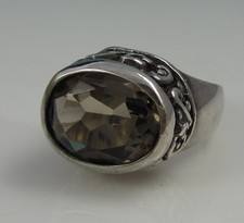 Estate Vintage Large Rare Ornate Sterling Silver Oval Smoky Quartz Size 7 Ring