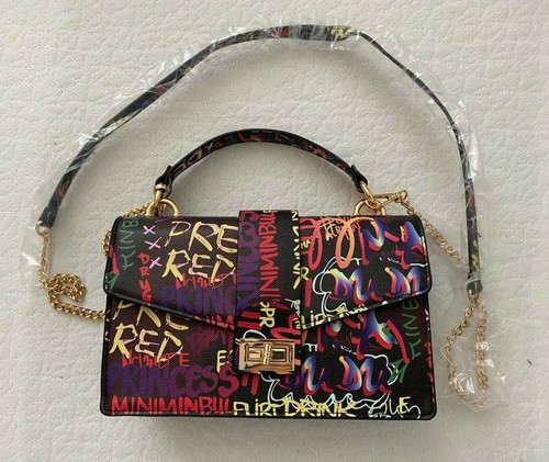 Women's Colorful Print Purse Multi-Color Small with Gold Shoulder Strap - Picture 3 of 6