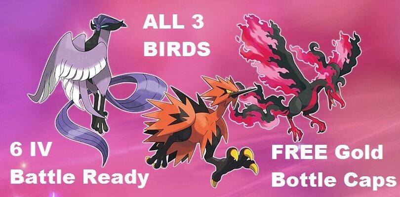 Galarian Articuno, Zapdos & Moltres 6IVS + free items for Pokemon  Sword/Shield