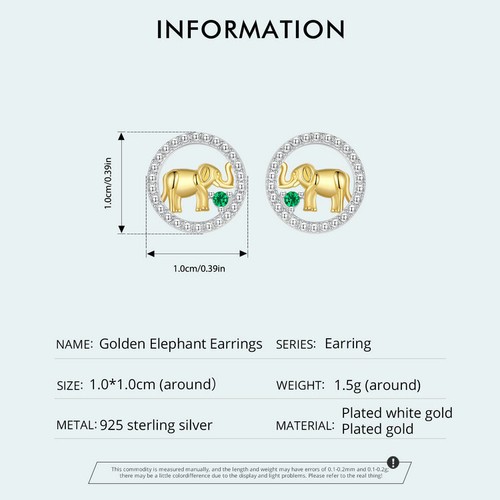 Fashion S925 Sterling Silver Golden Elephant Stud Earrings Jewelry Women Voroco - Picture 11 of 15