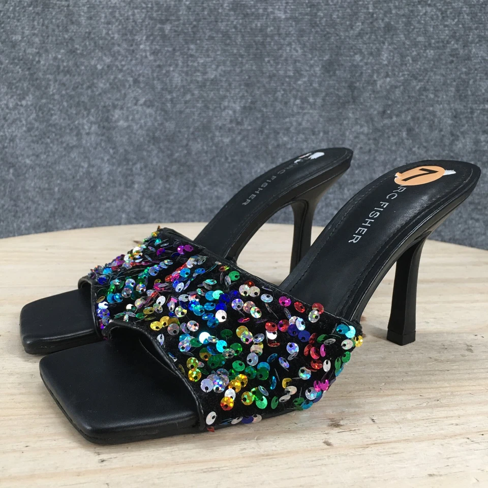 Sandalias Marc Fisher Mujer 7 M Danria Lentejuelas Deslizables Tacones Sin Cordones Cuero Negro Foto 3 de 4