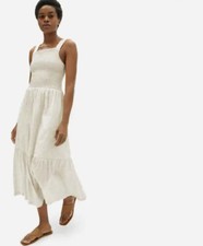 Everlane the Smock Dress Beige Floral Midi Size 8 Tan Tank 100% Cotton