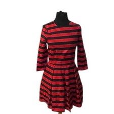 Gap Printed fit & flare Women's Dress Red & Navy Box Pleats Long Sleeves, Size 2