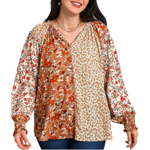 Camisa Campesina Top Cuello Dividido Estampado Floral Mixto Umgee L Naranja Dorado Volantes Boho - Imagen 3 de 10
