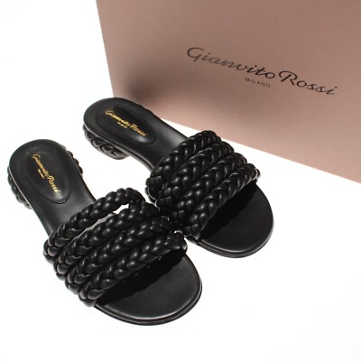 Gianvito Rossi NWB Ischia Braided Flat Sandals Size 37.5 US 7.5 in Black Leather