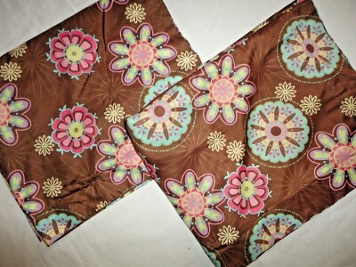 TEXSTYLE GROOVY BROWN AQUA PINK YELLOW PURPLE FLORAL (2) STANDARD PILLOW SHAMS 