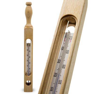 Nostalgie Thermometer Holz Handarbeit Badethermometer Weingeist Buchenholz 1A
