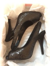NINA Womens 7.5 Black Sparkle Peep Toe Stiletto Heels Bling Party Shoes 7-1/2 M