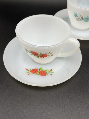 4 Boutonniere Milk Glass Cups + Saucers Set Fire King Anchor Hocking Vtg Gift - Picture 4 of 18