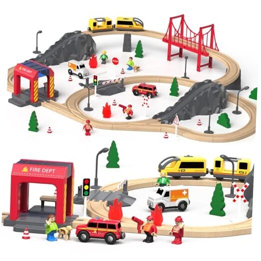 72PCS Giant Fire Station Wooden Train Track Set with Firefighter Theme
