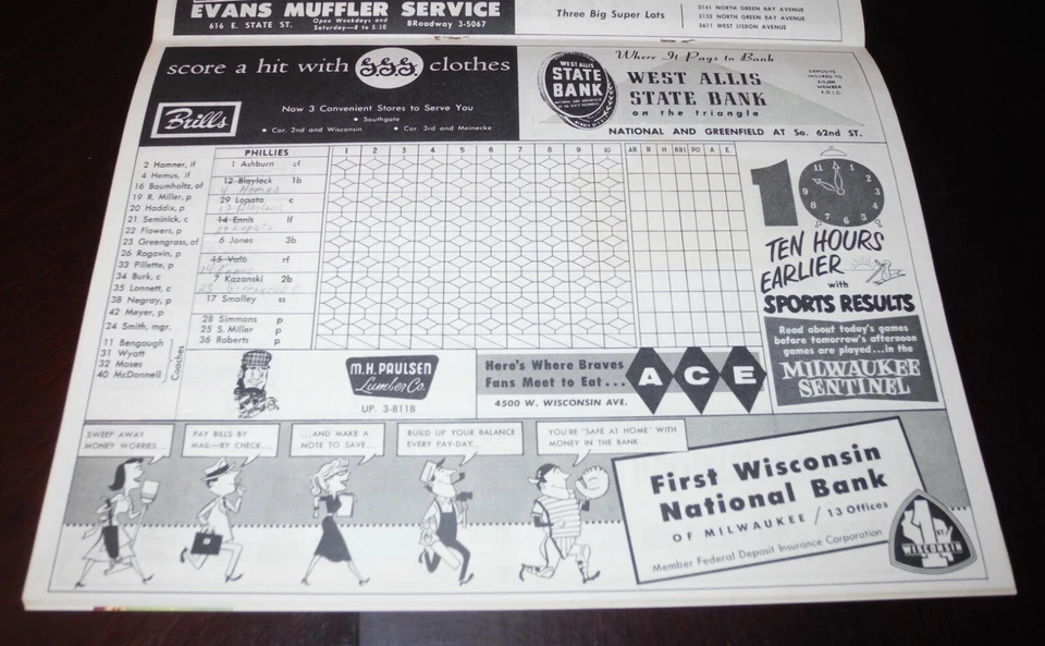 1956 Milwaukee Braves vs Phillies Baseball Scorecard Program Unscored 8/25 - Image 4 of 4